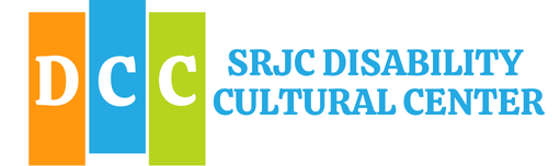 SRJC Disability Cultural Center Logo. DCC in Block letters with retro fonts and colors. 