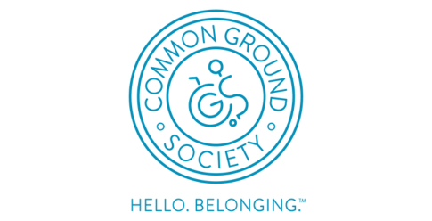 Common Ground Society Logo. Two blue circles with Common Ground Society along the inside. In the center is a C and a G turned into a wheelchair design. 